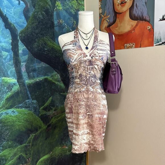 y2k abstract ruched halter bodycon mini dress joyce leslie size L - Picture 8 of 8